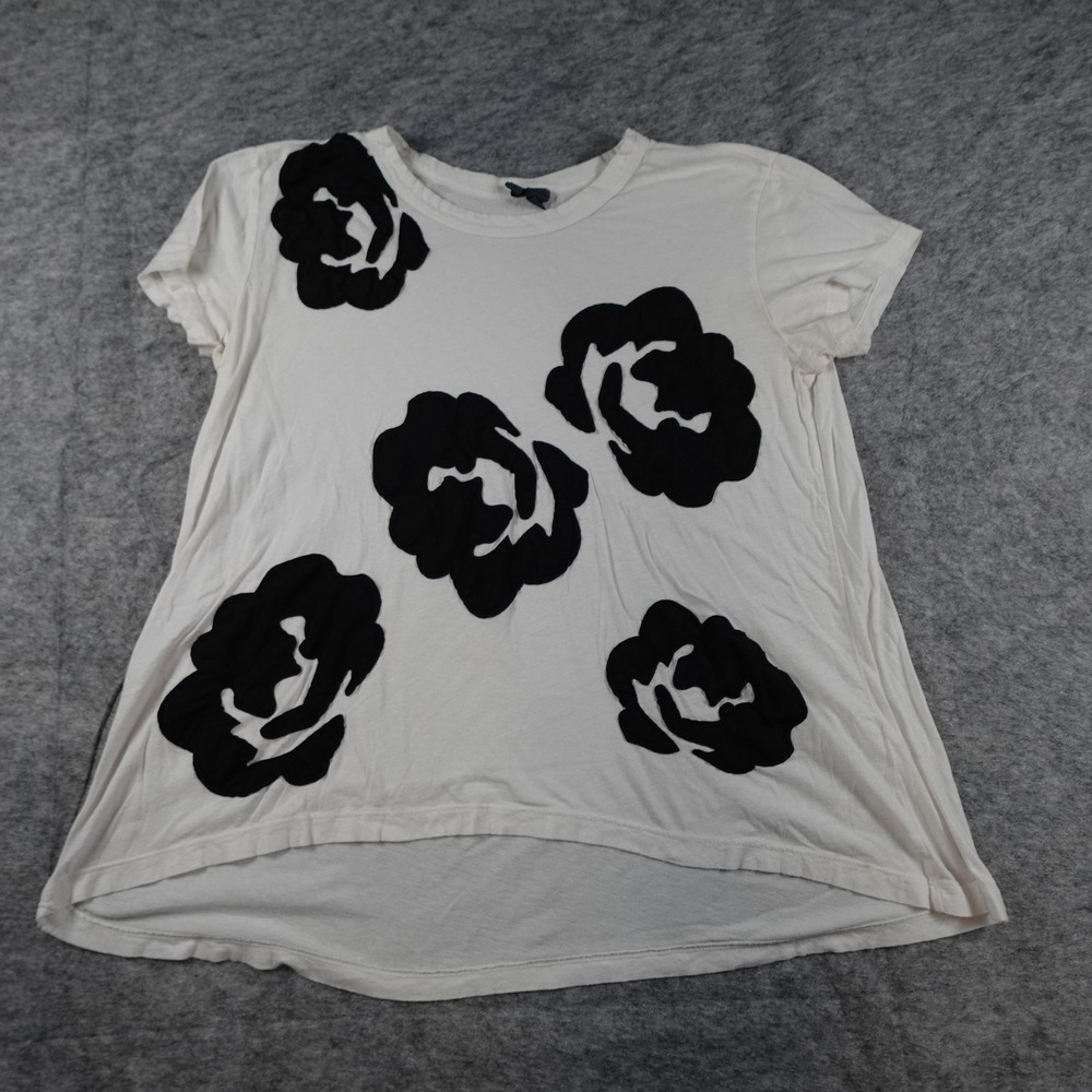 Left of Center Top Womens Extra Small White Black Floral Crew Neck Short Sleeve